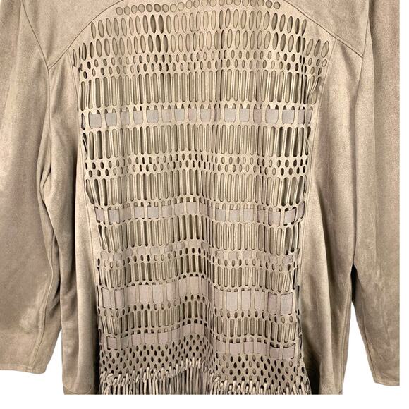 Chico's Women's XL Tan Faux Suede Fringe Lattice Ribbon Cutout Jacket - Picture 4 of 11